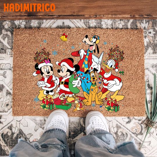 Discover Disney Christmas Doormat, Mickey Minnie Donald Goofy Pluto Holiday Doormat, Funny Cartoon Xmas Welcome Mat, Festive Front Porch Entryway Rug
