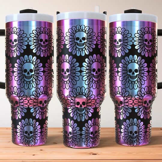 Discover Flowered Skull 30oz/40oz Tumbler With Handle, Skull Halloween 30oz 40oz Engraved Tumbler, Halloween Travel Cup, Hot Cold Coffee Mug