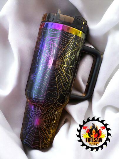 Spider Web Spider Halloween Spooky-Full Wrap Permanently Engraved 40oz Tumbler with Handle