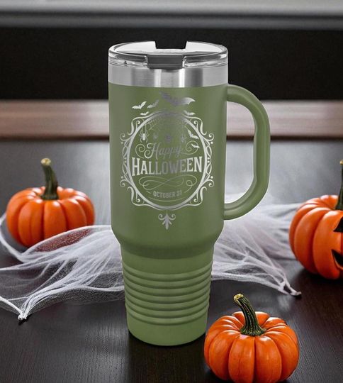 Discover Happy Halloween 40oz Tumbler with Handle  Laser Etched, Insulated, Flip Lid & Straw, Fall Gift for Her, Spooky Season Cup