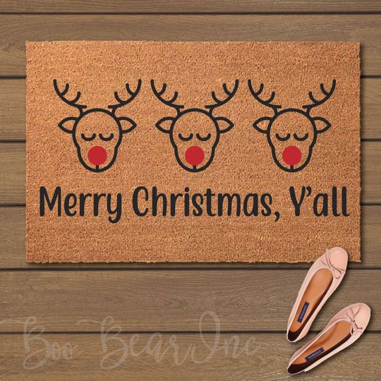 Merry Christmas Y'all Reindeer - Rudolph-Doormat - Welcome Mats- Fun Doormats