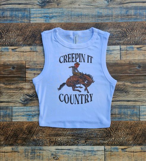Discover Creep it Country Crop, Pumpkin head Cowboy Baby Tee, Horse spooky Crop Tank, Spooky Goblin Scary Womens Top