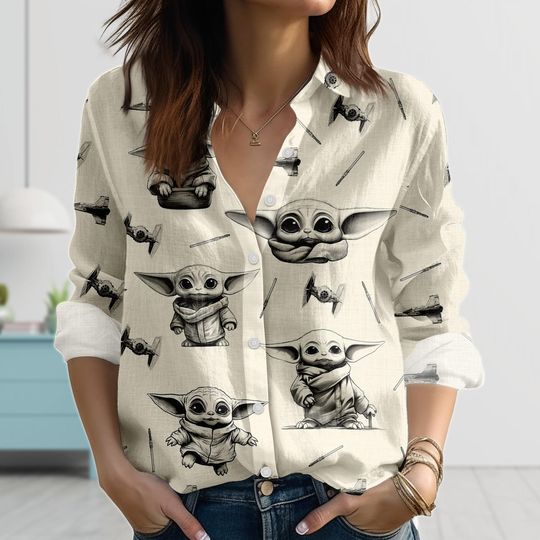 Discover Retro Baby Yoda Linen-Look Shirt, Star Wars Women Shirt, Cute Grogu Blouse Shirt, Sci Fi Casual Shirt, Disney Halloween Gift