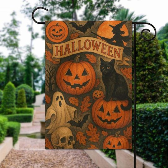 Discover Halloween Garden Flag, Fall Season Outdoor Decor, Spooky Floral Yard Flag, Neutral Autumn Porch Decoration, Black Cat Pumpkin Garden Flag