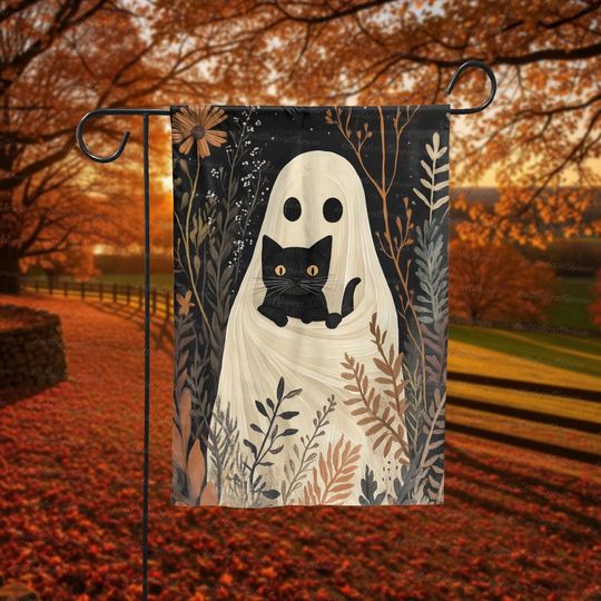 Halloween Garden Flag, Ghost Holding Black Cat Yard Decoration, Fall Outdoor Decor, Spooky Autumn House Flag, Cute Halloween Sign, Fall Gift
