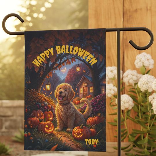 PERSONALIZED Goldendoodle Halloween Garden Flag, Pet Halloween Flag, Goldendoodle Yard Decor, Goldendoodle Lawn Flag, Halloween Lawn Flag