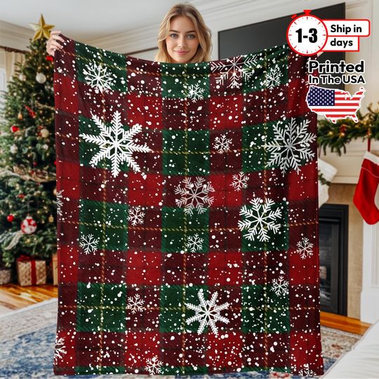 Discover Christmas Plaid Snowflake Flannel Blanket, Soft Warm Xmas Blanket, Unique Christmas Gift for Family & Friends
