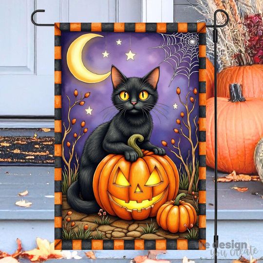 Halloween Black Cat Garden Flag  , Halloween Sublimation Design, Spooky Season Decor, 12x18 Flag  , Fall Outdoor Decor, Autumn Flag