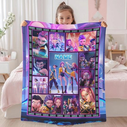 Discover Personalized Kpop Demon Hunters Blanket, Custom Kpop Demon Hunters Blanket, K-Pop Demon Hunters Huntrix Blanket, Anime Blanket Gift