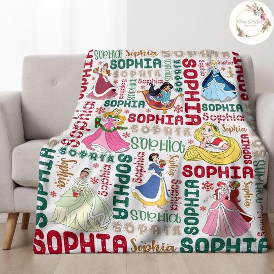 Discover Personalized Disney Princess Christmas Blanket, Custom Name Baby Girl Blanket, Disney Princess Birthday Girl Gift, Christmas Home Decoration