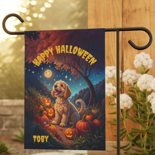 PERSONALIZED Cockapoo Halloween Garden Flag, Pet Halloween Flag, Cockapoo Yard Decor, Cockapoo Lawn Flag, Halloween Lawn Flag, Fall Flag