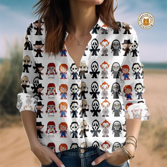 Discover Horror Movie Characters Blouse, Friends Horror Movie Women shirt, Horror Characters Tee, Horror Friends Tee, Mystery Machine Linen Shir