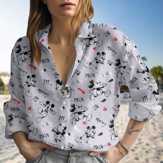Discover Mickey Mouse Blouse Shirt, Disney Cartoon Button Top, Mickey Mouse Blouse Shirt, Disneyland Linen-look Shirt, Mickey And Friends Shirt