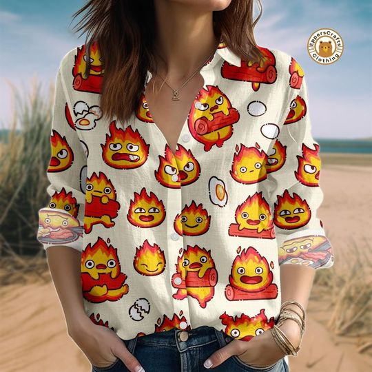 Calcifer Blouse, Howls Moving Castle Blouse, Studio Ghibli Fire Demon Top, Womens Casual Button Up Anime Shirt, Women Shirt