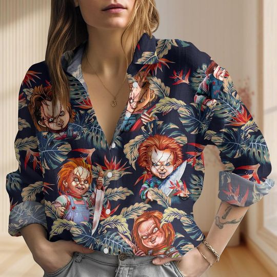 Discover Chucky Floral Linen-Look Shirt, Horror Movie Casual Shirt, Halloween Blouse Tops Women, Chuck Doll Button Shirt, Scary Characters Shirt