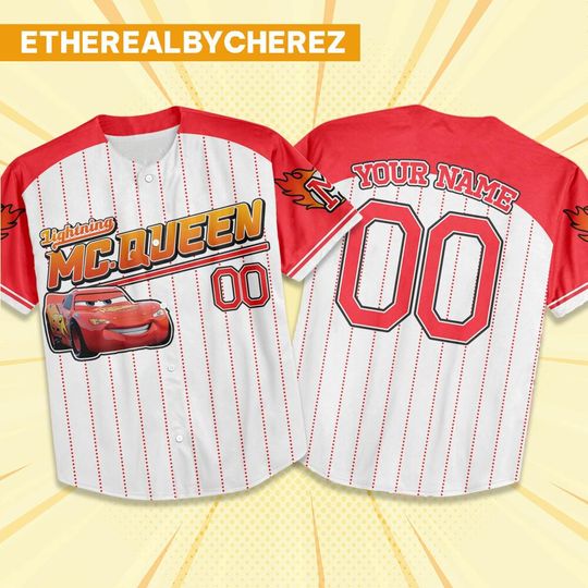 Discover Custom Cars McQueen Exciting Red Baseball Jersey, Disney Cars Outfit, Personalized Gift, Cars Mcqueen Shirt