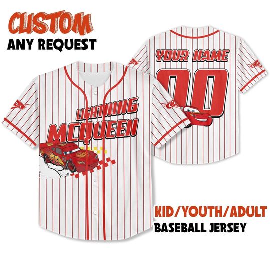 Discover Custom Mcqueen Car Jersey, Custom Text Baseball Jersey, Lightning Mcqueen Jersey, Gift for Kids,Disney Birthday Gift, Gift For Baseball Fans