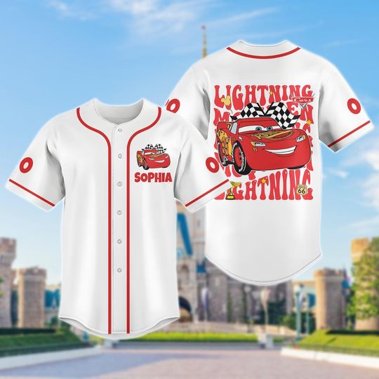 Discover Custom Lightning McQueen Cars Jersey, Personalized Disney Pixar Baseball Shirt, Kids Racing Disney Outfit, Route 66 Car Shirt