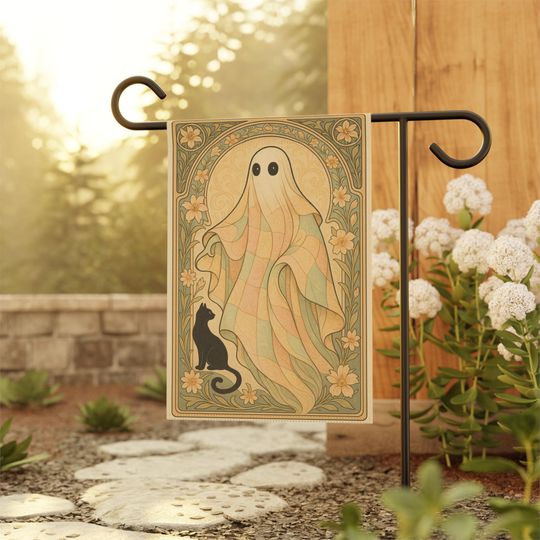 Art Nouveau Halloween Garden Flag: Ghost and Black Cat Vintage Decor