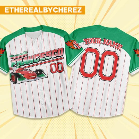 Discover Custom Cars Francesco Green Baseball Jersey, Disney Cars Outfit, Personalized Gift, Cars Mcqueen Shirt