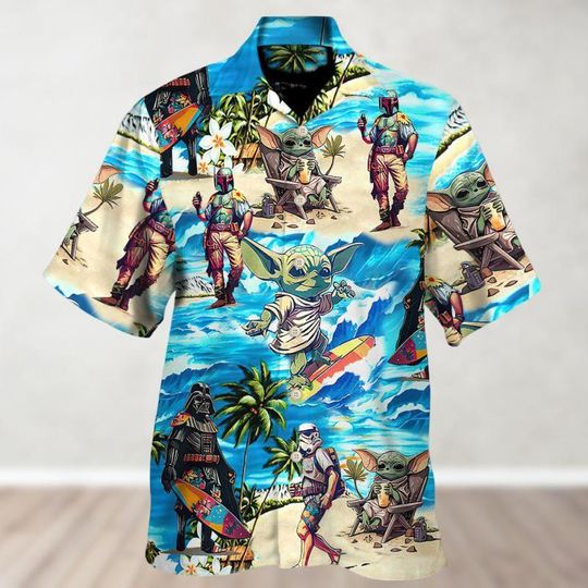 Discover Baby Yoda Darth Vader Stormtrooper Boba Fett Surfing Hawaiian Shirt, Star Wars Button Shirt, Disney Summer Beach Shirt, Movie Shirt
