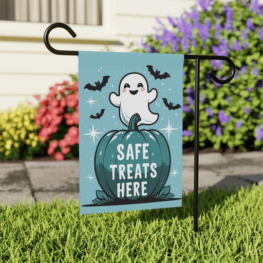 Safe Treat Stop Halloween Garden Flag, Ghost Garden Flag, Teal Pumpkin Yard Banner, Allergy Friendly Trick or Treat Sign, Fall Outdoor