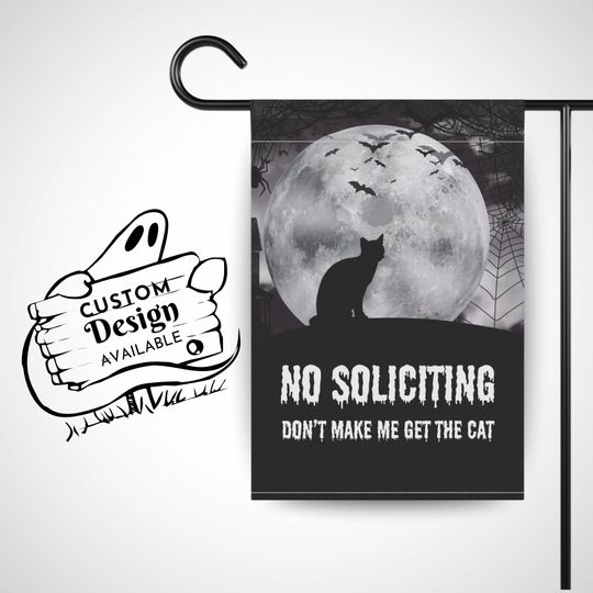 Black Cat Halloween Garden Flag: No Soliciting Porch Sign