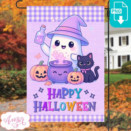 Happy Halloween garden flag  , Spooky season yard flag printable 12X18, Cute witch ghost and cat  , spooky cute garden