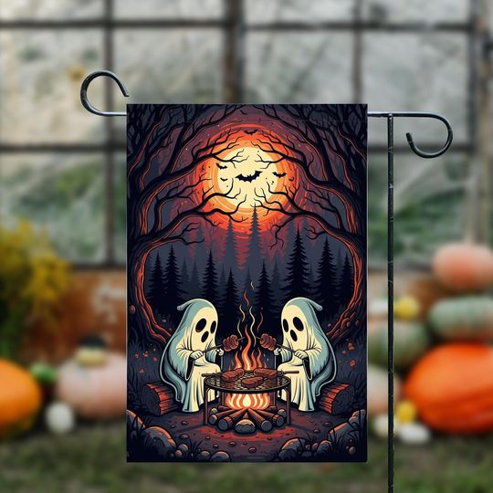 Discover Two Ghosts Grilling Meat In The Forest Halloween Garden Flag, Cute Ghost Flag, Outdoor Decorative Flag, Halloween Home Decor
