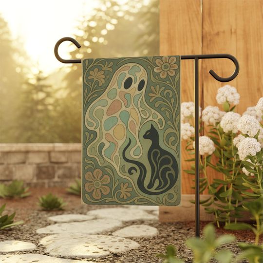 Discover Retro Halloween Garden Flag: Psychedelic Ghost & Black Cat Decor