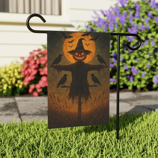 Halloween Garden Flag: Pumpkin Scarecrow, Crows, Full Moon - Spooky Fall Decor