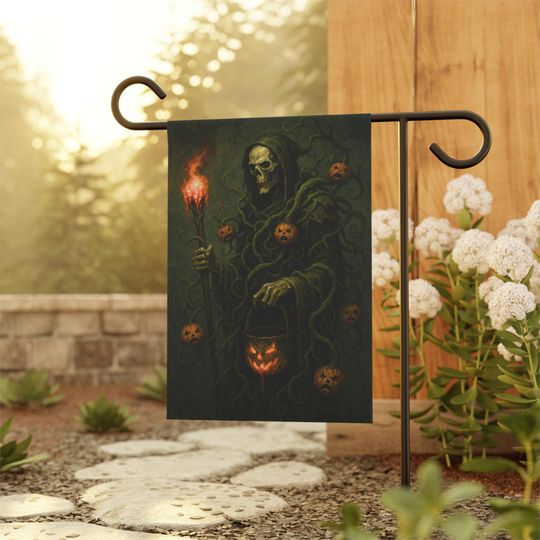 Discover Pumpkin Vine Reaper Halloween Garden Flag: Gothic Haunted Yard Decor