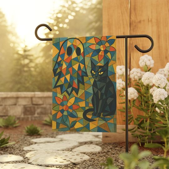 Stained Glass Ghost and Black Cat Halloween Garden Flag