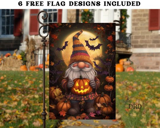 Halloween Gnome with Jack-o-Lantern Garden Flag  , Cute Fall Gnome Garden Flag Design, Autumn Yard Decor  , Halloween Yard Flag