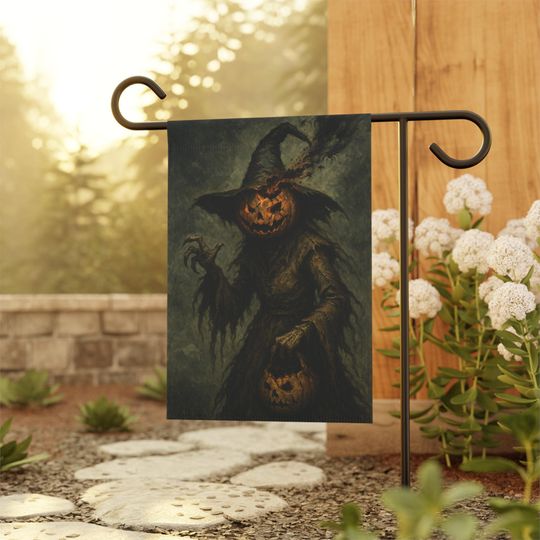Discover Pumpkin Witch Halloween Garden Flag with Lantern Gothic Horror Spooky Outdoor Haunted Yard Decoration