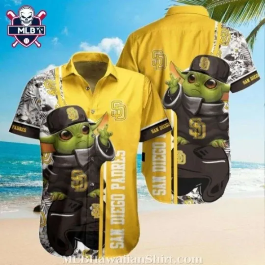 Discover San Diego Baseball Hawaiian Shirt With Babyy Yoddaa And Tropical Flowers, Gift for Fan