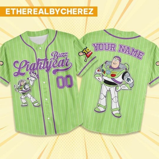Discover Custom Toy Story Buzz Lightyear Green Baseball Jersey, Disney matching Outfit, Personalized Gift, Disneyland family Shirt
