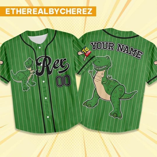 Discover Custom Toy Story Rex Green Baseball Jersey, Disney matching Outfit, Personalized Gift, Disneyland family Shirt