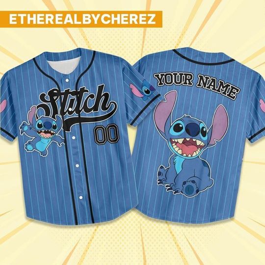 Discover Custom Stitch Navy Baseball Jersey, Disney matching Outfit, Personalized Gift, Disneyland Stitch family Shirt, Gift for kids