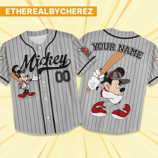 Custom Mickey Grey Baseball Jersey, Disney matching Outfit, Personalized Gift, Disneyland family Shirt, Gift for kids