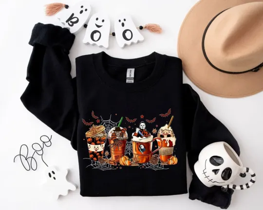 Halloween Villains Sweatshirt with Skeleton Coffee Skull