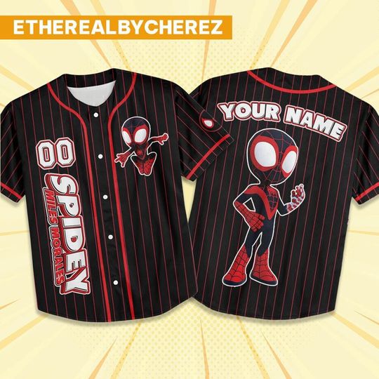 Personalize Spidey, Miles Morales And Friends Black, Custom Spider Verse Baseball Jersey Team, Disney Baseball Team Outfits