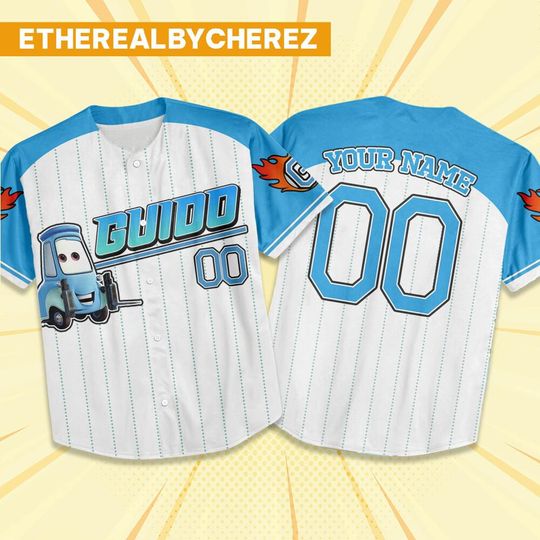 Discover Custom Cars Guido Blue Baseball Jersey, Disney Cars Outfit, Personalized Gift, Cars Mcqueen Shirt