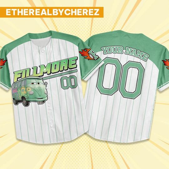 Discover Custom Cars Fillmore Green Baseball Jersey, Disney Cars Outfit, Personalized Gift, Cars Mcqueen Shirt