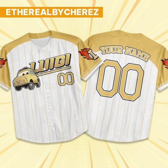 Discover Custom Cars Luigi Yellow Baseball Jersey, Disney Cars Outfit, Personalized Gift, Cars Mcqueen Shirt