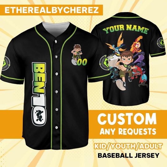 Personalize Ben 10 Kid Action Black, Baseball Jersey Custom Kids, Youth, Adult, Birthday, Cartoon Team Outfit