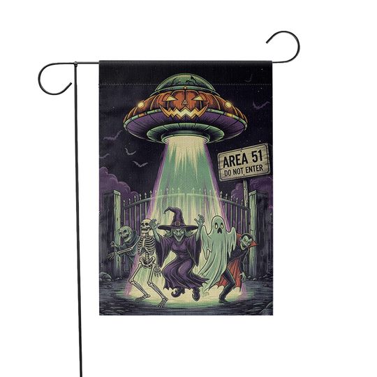 Area 51 Halloween Garden Flag, Alien UFO Spooky Yard Decor, Skeleton Ghost Vampire Banner