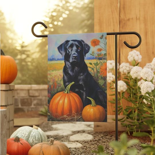 Black lab fall Garden flag, outdoor Autumn dog flag with lab, Halloween dog yard flag, Welcome flag, Hello fall Dog flag, cabin flag