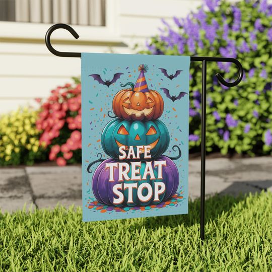 Safe Treat Stop Halloween Garden Flag, Teal Pumpkin Yard Banner, Allergy Friendly Trick or Treat Sign, Fall Outdoor Holiday Decor