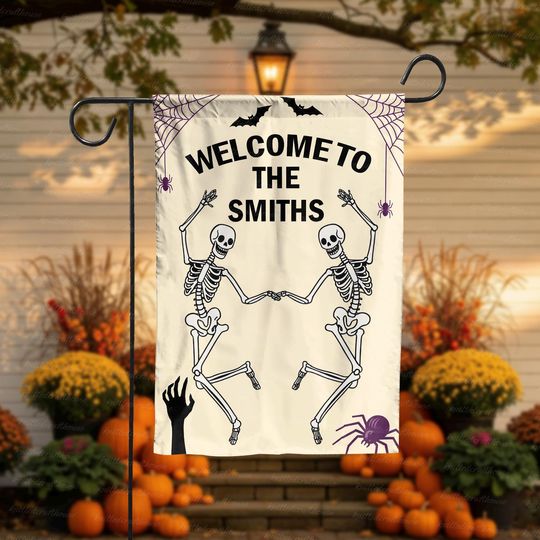 Personalized Halloween Skeleton Flag, Custom Family Name Yard Decor, Spooky Outdoor Welcome Sign, Funny Dancing Skeleton Couple Garden Flag